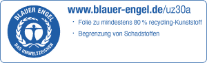 Logo Blauer Engel - die Folie besteht zu mindestens 80 % aus Recycling-Kunststoff und Begrenzung von Schadstoffen