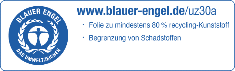 Logo Blauer Engel - die Folie besteht zu mindestens 80 % aus Recycling-Kunststoff und Begrenzung von Schadstoffen